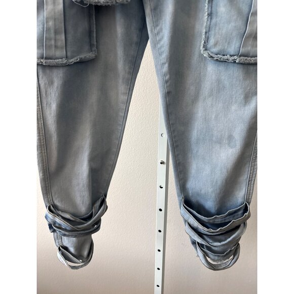Y2K Cargo Jogger Jeans  L Light Wash Denim Utility Shirt Tie Waist Pockets Edgy - Picture 12 of 14